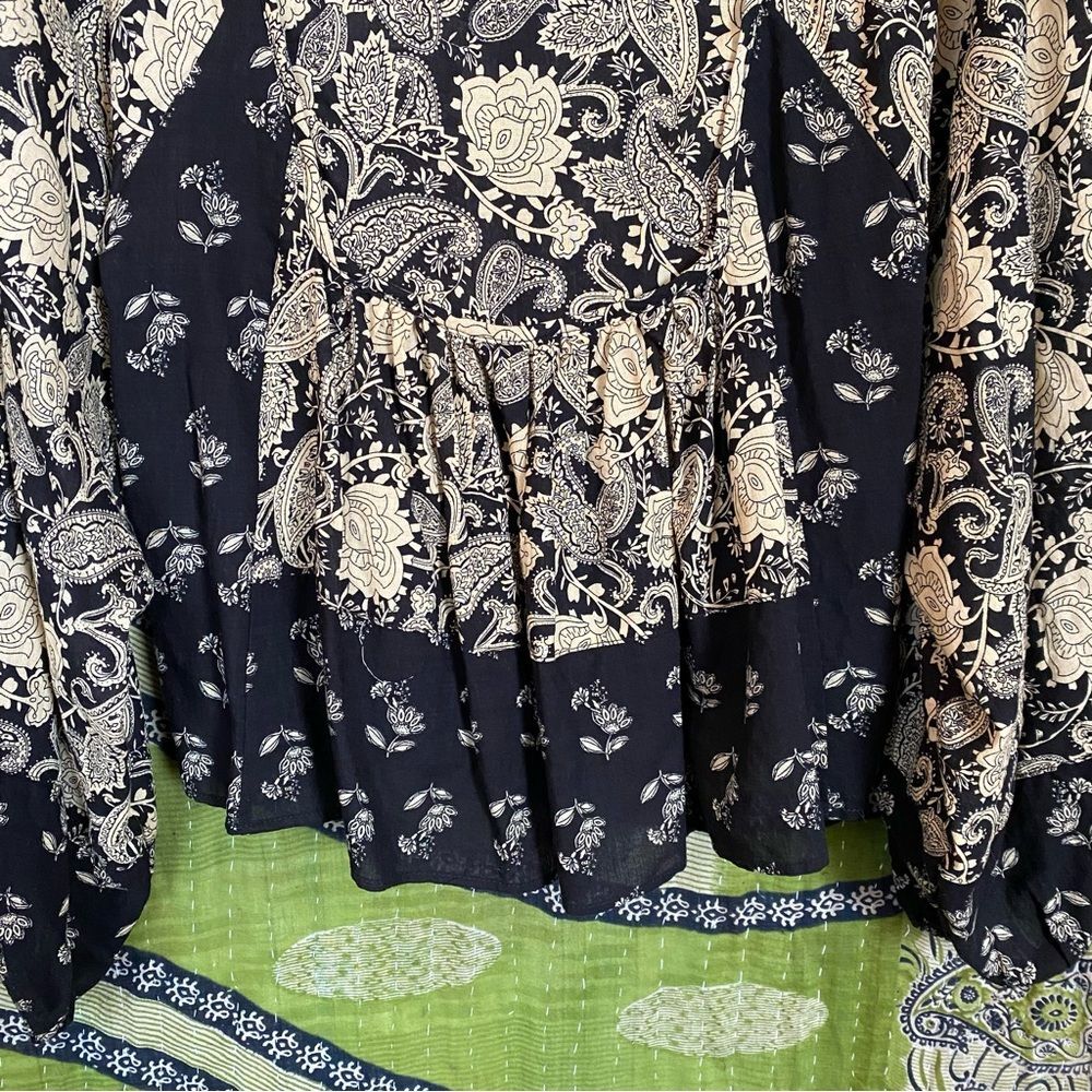 Muse Black/ Tan Sherry Paisley Baby Doll Bohemian Peasant Blouse Size Small - Picture 12 of 16